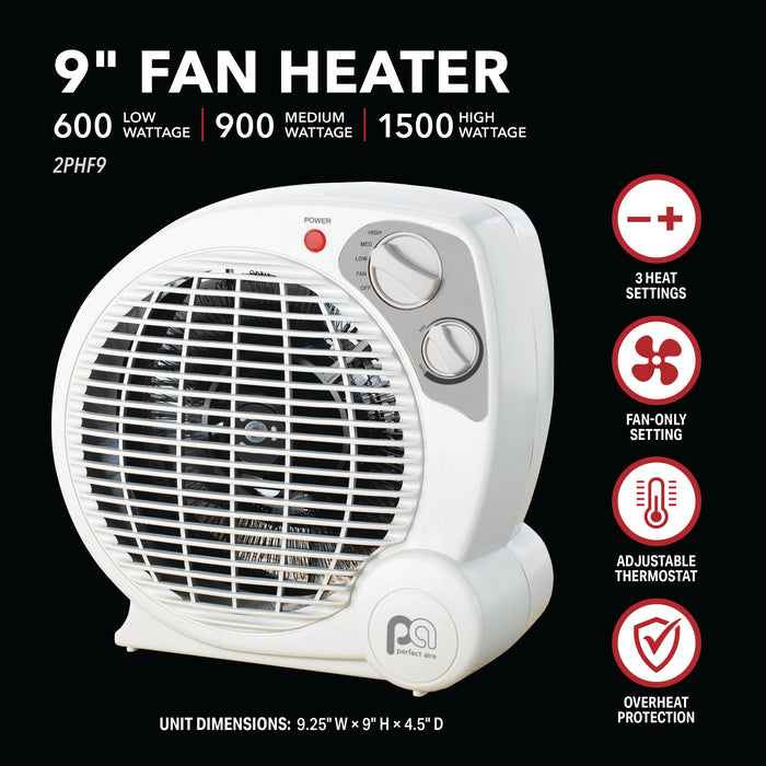 9" 1500/900/600W Fan Heater with Adjustable Thermostat and Fan-Only Mode