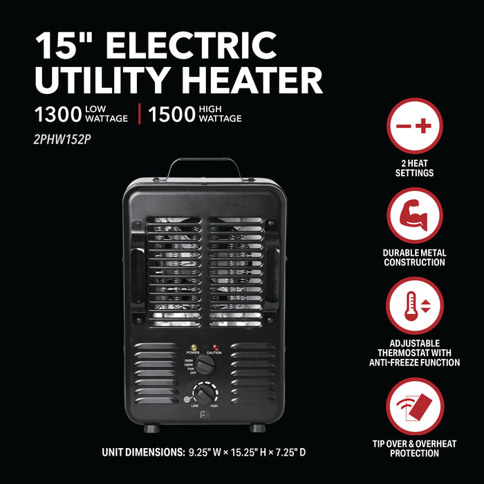 15 inch 1500/1300W Milkhouse Heater with 2 Prong Power Cord