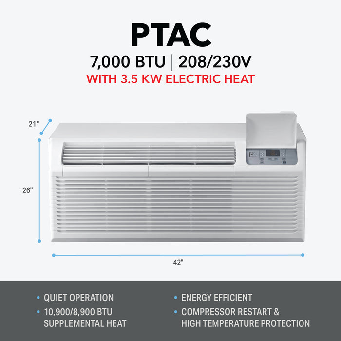 7,000 BTU 230V PTAC w/ 3.5 kW Electric Heat Assist