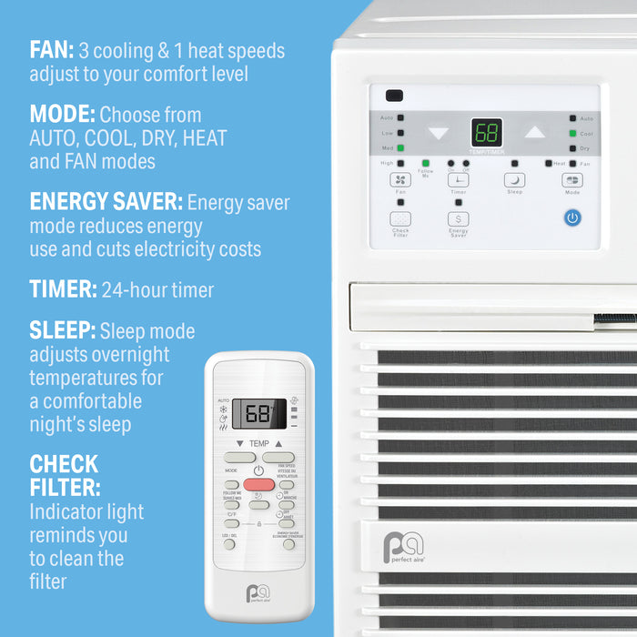 10,000 BTU 230V Through-the-Wall Air Conditioner with 10,600 BTU Electric Heater, Follow-Me Remote Control