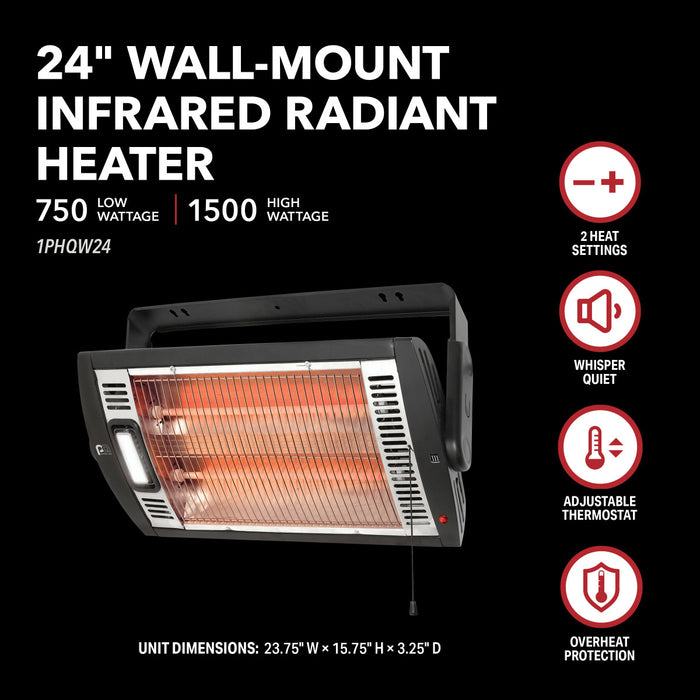 24" 750/1500W Wall Mount Infrared Radiant Heater