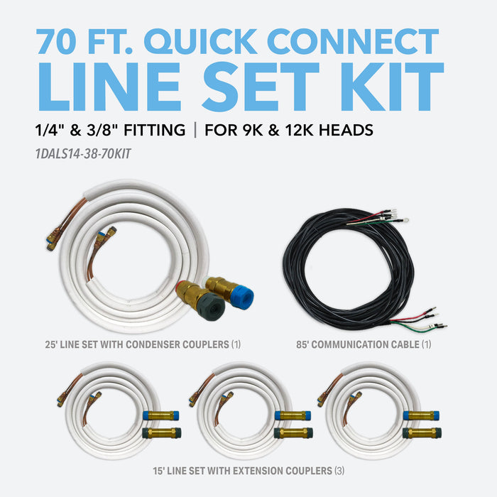70' Line Set Kit for Perfect Aire & Denali Aire 9K and 12K BTU Quick-Connect Mini-Split Indoor Units, includes 85' Communication Cable