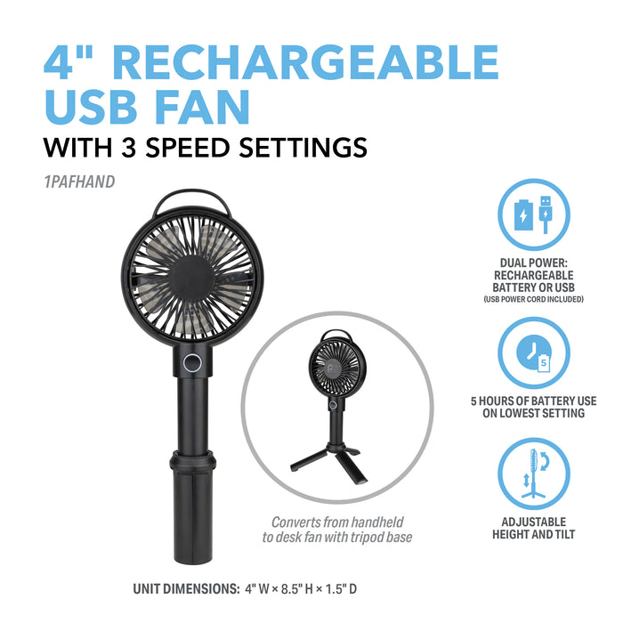 4" Rechargeable USB Fan with Tripod Base and Adjustable Height/Tilting Head