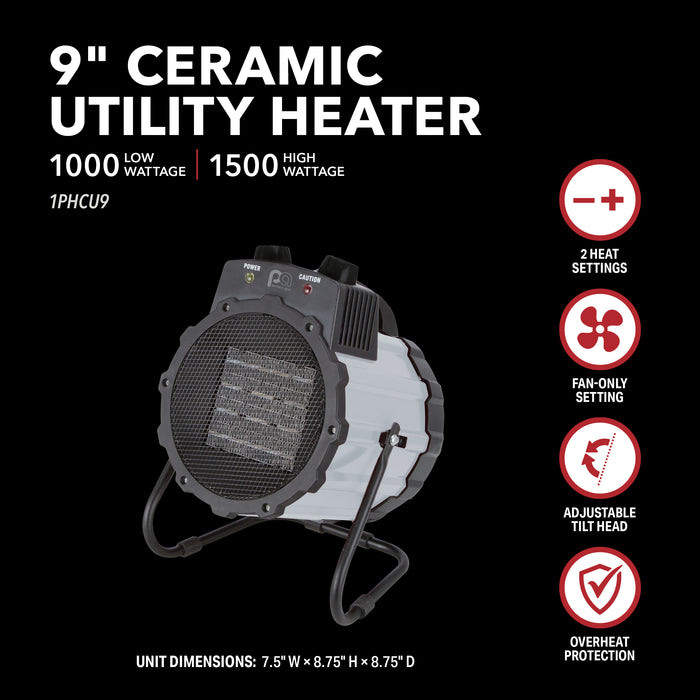 1500/1000W Utility 9" Ceramic Heater with Tilting Head, Grey