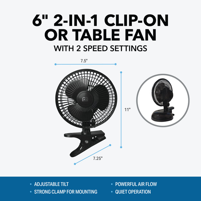 2-in-1 6" Clip-On Fan with Table Top Adapter and Fully Adjustable Fan Head