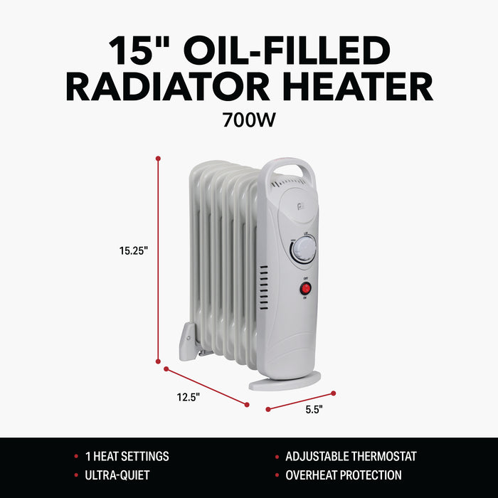 15" 700W 7-Fin Compact Oil-Filled Radiator Heater