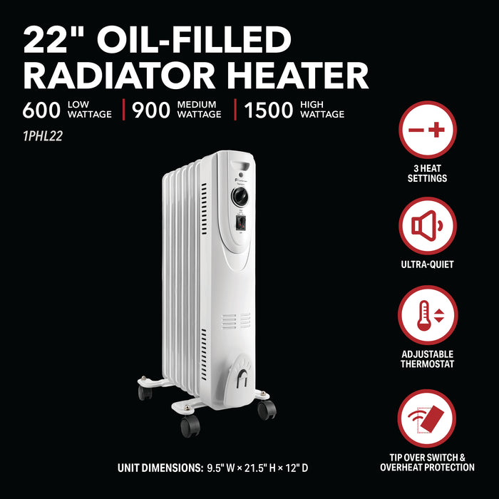 22" 1500/900/600W Oil-Filled Heater with Adjustable Thermostat