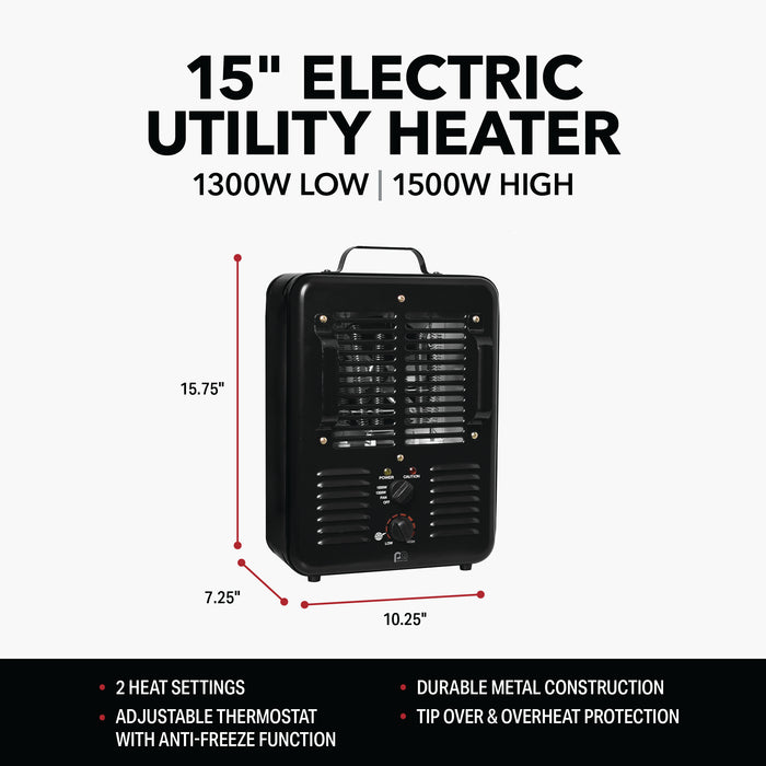15" 1500/1300W Milkhouse Heater with 2 Prong Power Cord
