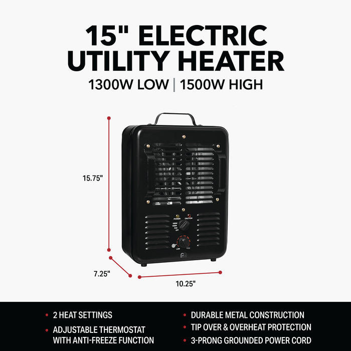 15" 1500/1300W Milkhouse Heater with 3 Prong Power Cord