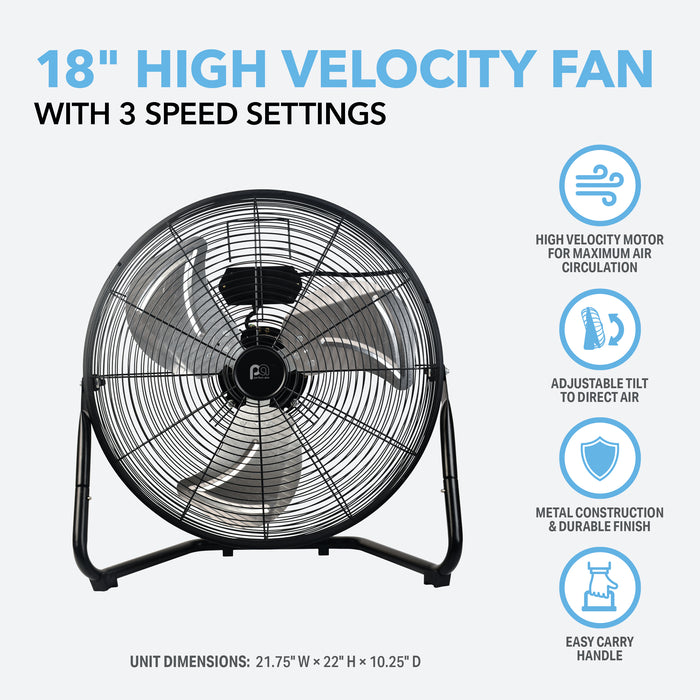 18” High Velocity Fan with Adjustable Tilting Head, 3 Speed Settings