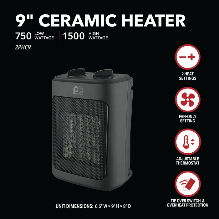 9" 1500/900/750W Ceramic Heater with Fan-Only Mode