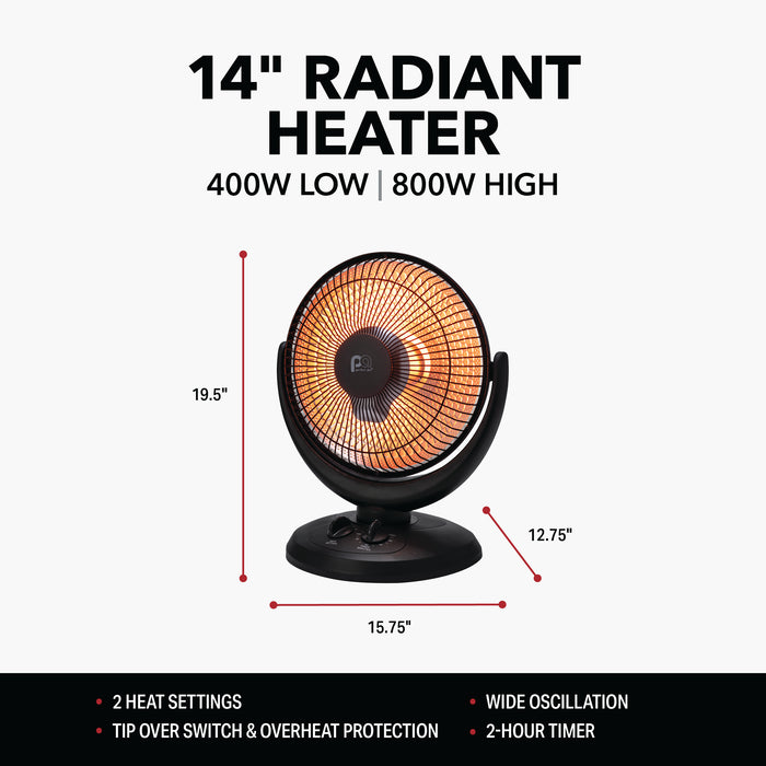 800/400W Radiant 14" Dish Heater, Black