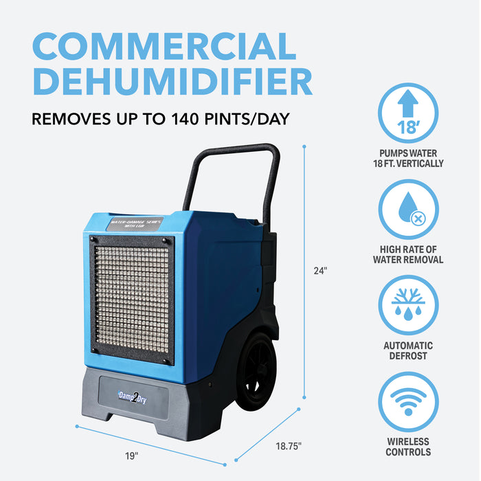 140 Pint Industrial Size Dehumidifier for Basements, Garages, Warehouses, and Job Sites