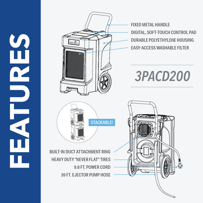 200 Pint Commercial Dehumidifier with Drain Hose for Basements, Garages, Warehouses, and Job Sites