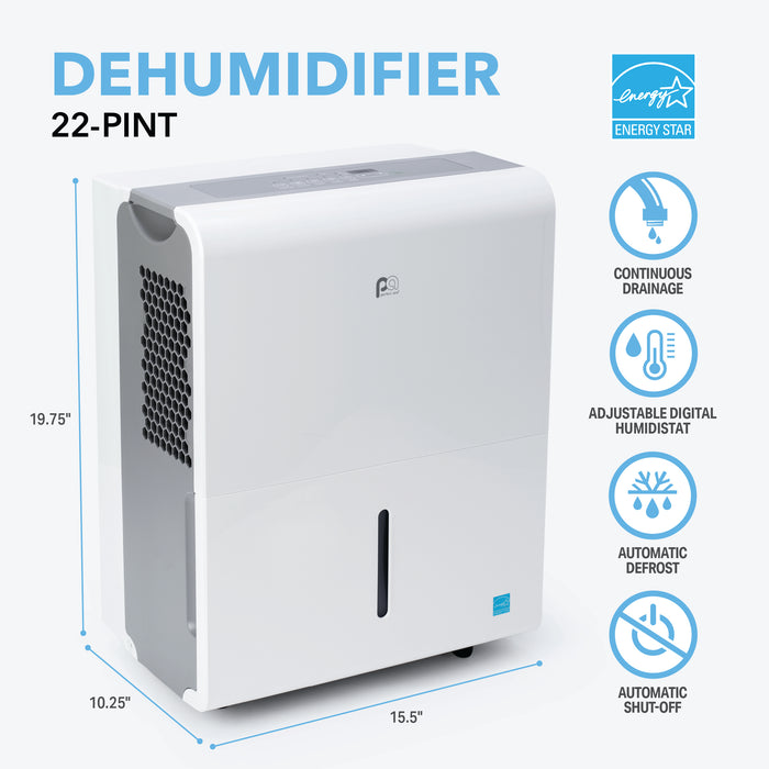 22-Pint ENERGY STAR Dehumidifier With Continuous Drainage, Ultra-Quiet Operation - Ideal for Small Rooms & Basements