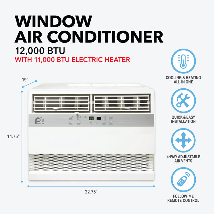 12,000 BTU 230V Cool/Heat Window Air Conditioner with 11,000 BTU Electric Heat, Follow-Me Remote Control