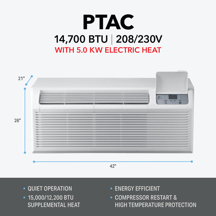 14,700 BTU 230V PTAC w/ 5.0 kW Electric Heat Assist