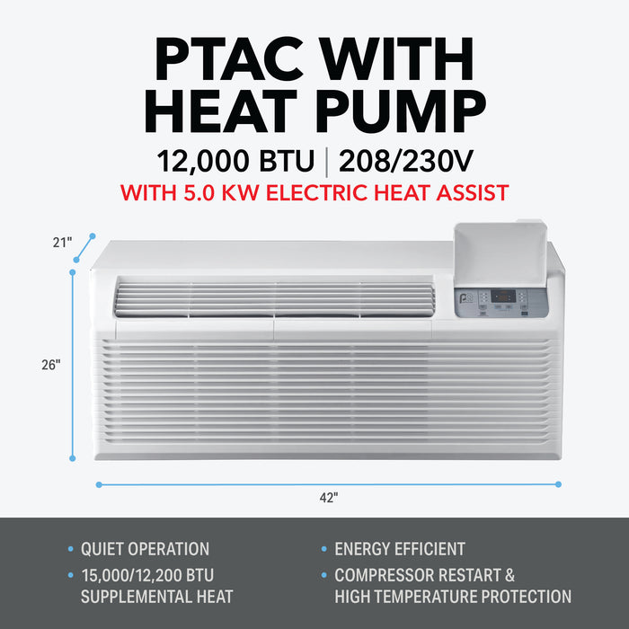 12,000 BTU 230V PTAC Heat Pump w/ 5.0 kW Electric Heat Assist
