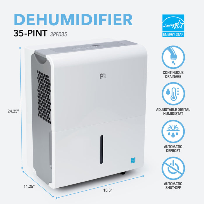 35-Pint ENERGY STAR Dehumidifier With Continuous Drainage, Ultra-Quiet Operation - Ideal for Medium-Sized Rooms & Basements