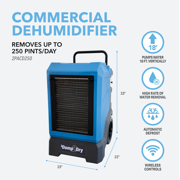 250 Pint CEC-certified Commercial Dehumidifier with Drain Hose for Basements, Garages, Warehouses, and Job Sites