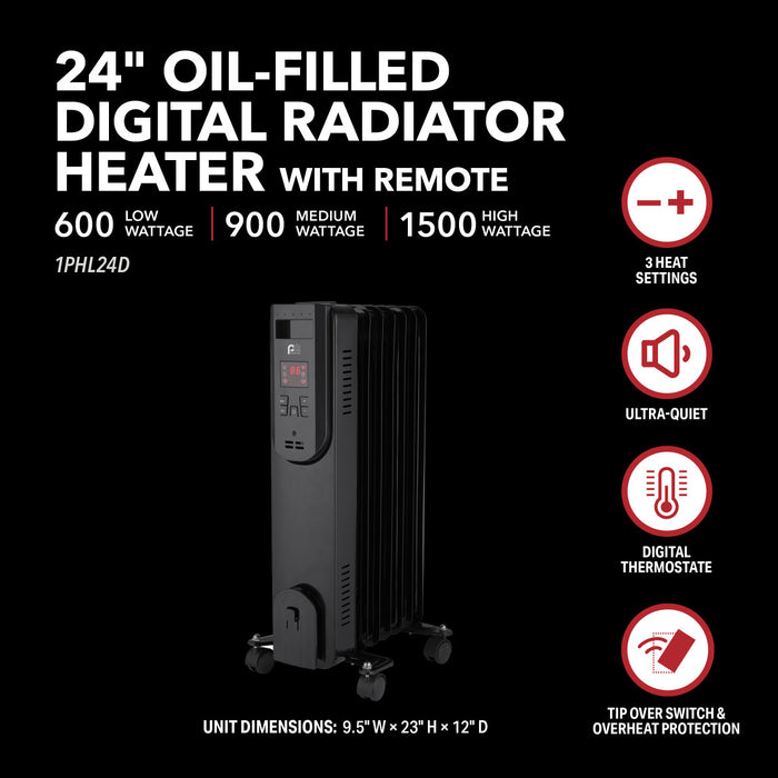 24" 600/900/1500W Digital Oil-Filled Heater with Remote