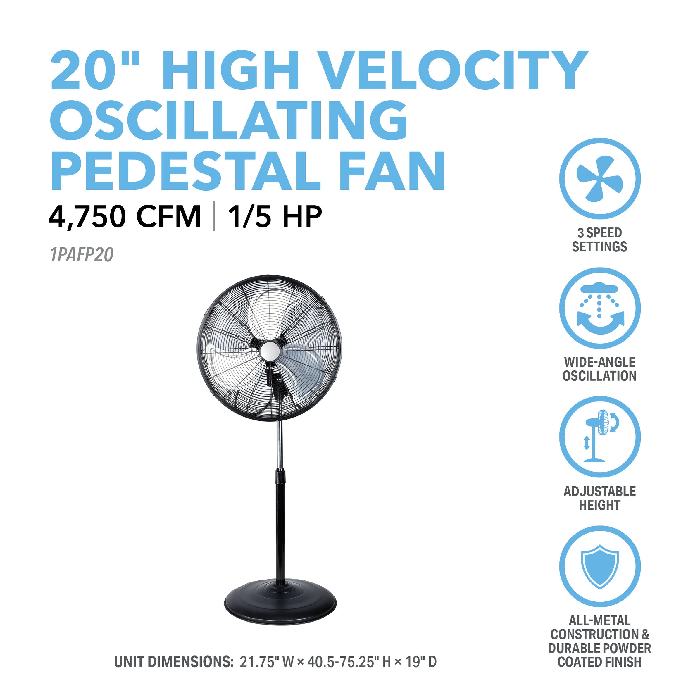 20” HighVelocity Oscillating Pedestal Fan with IndustrialGrade Alumi