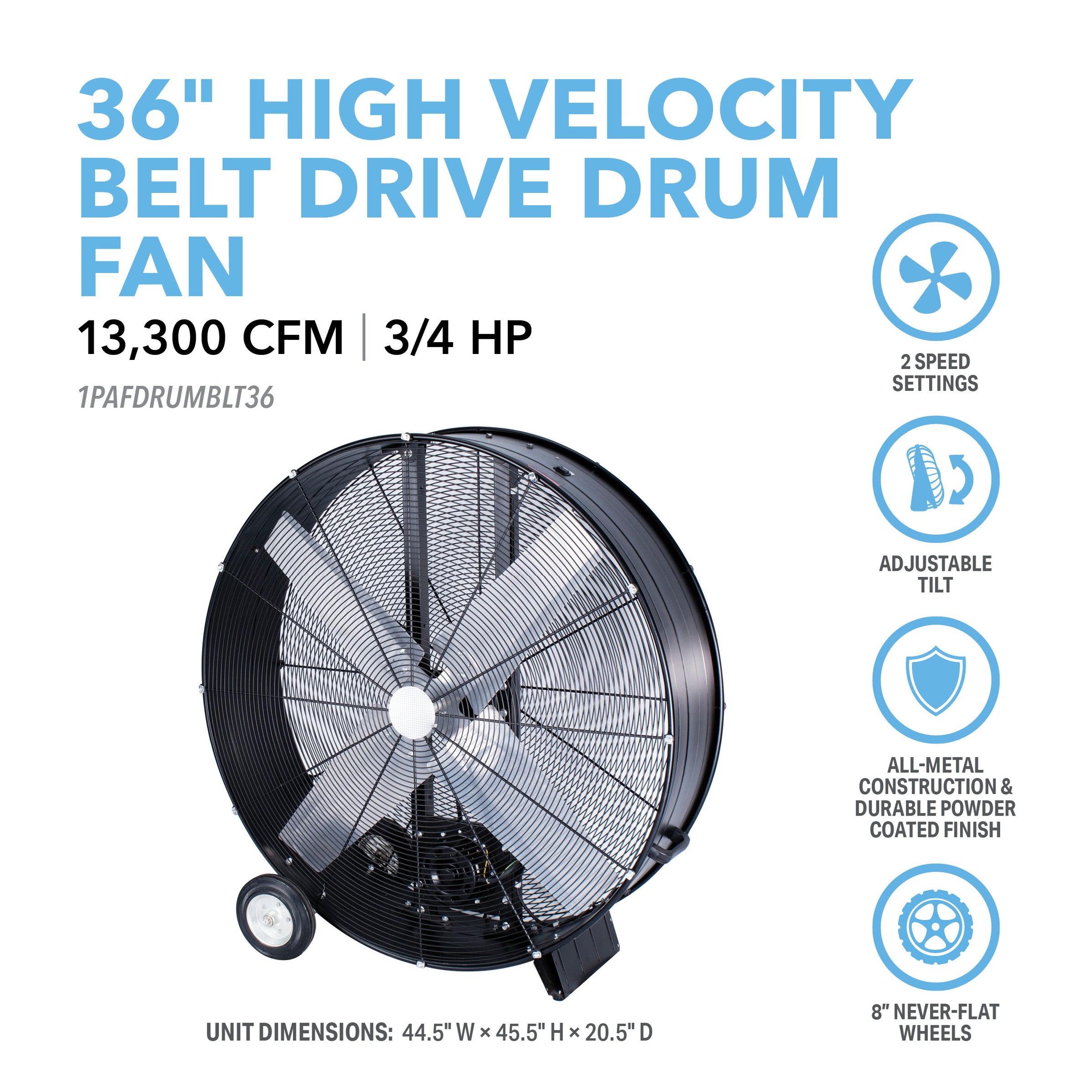 36” HighVelocity Belt Drive Drum Fan with IndustrialGrade Aluminum B