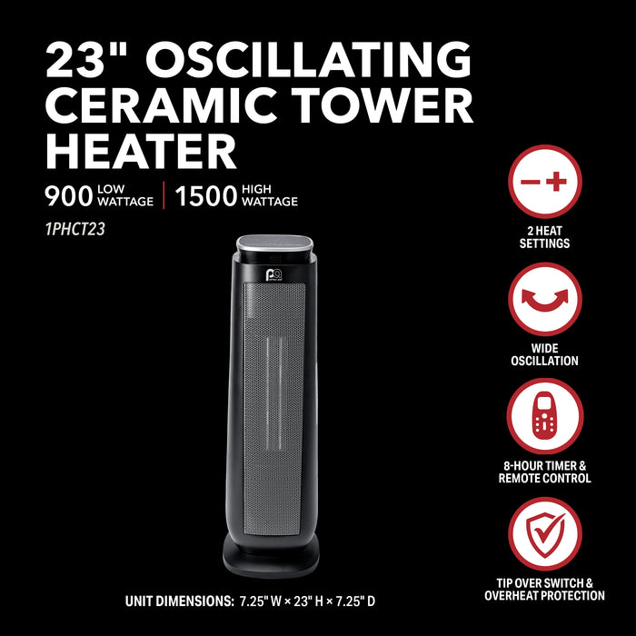 1500/900W Oscillating 23" Ceramic Heater with Remote, Black