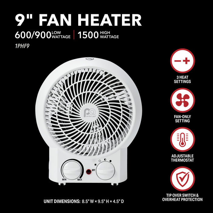 1500/900/600W 9" Heater with Fan-Only Mode, White