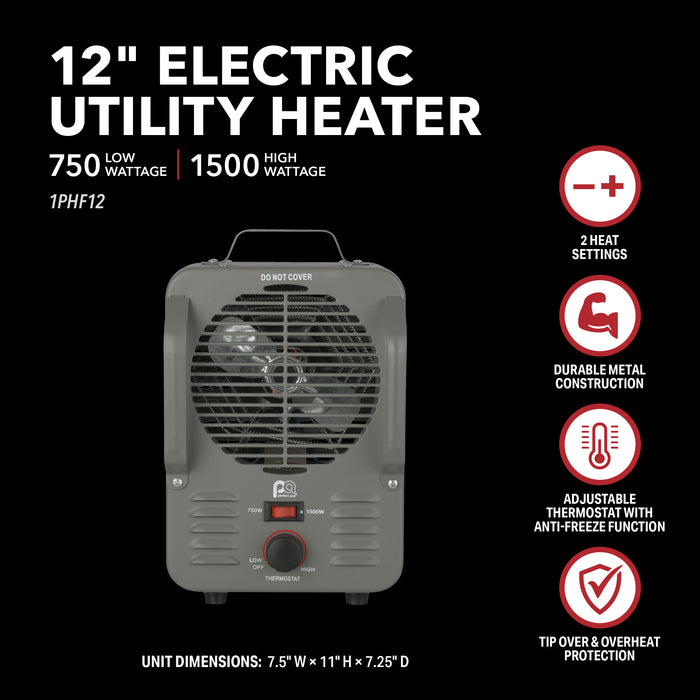 1500/750W 12" Metal Milkhouse Utility Heater with Fan-Only Mode and Anti-Freeze Function, Grey