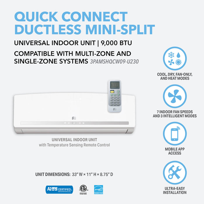 9,000 BTU Quick Connect Indoor Unit for Multi-Zone Mini-Split Systems, 230V
