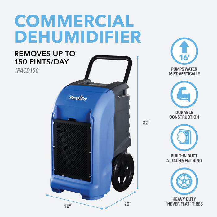150 Pint Commercial Dehumidifier with Drain Hose for Basements, Garages, Warehouses, and Job Sites