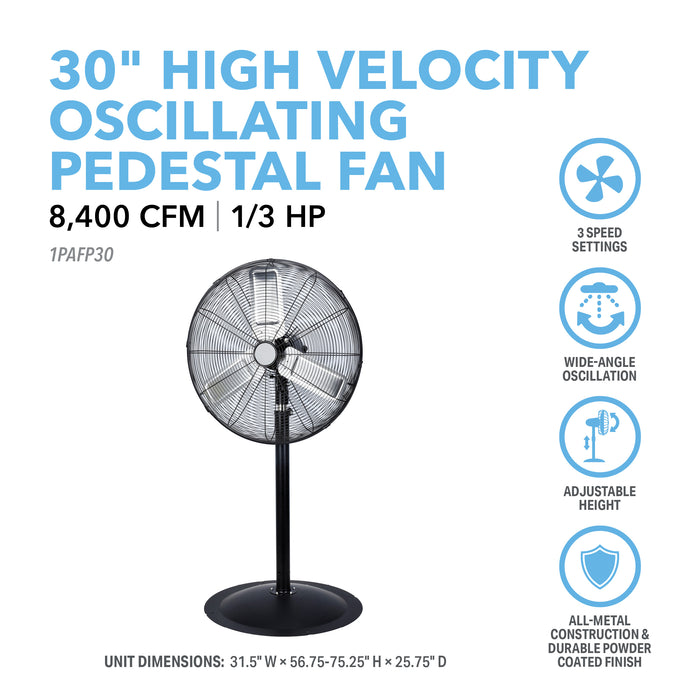 30” High-Velocity Oscillating Pedestal Fan with Industrial-Grade Aluminum Blades