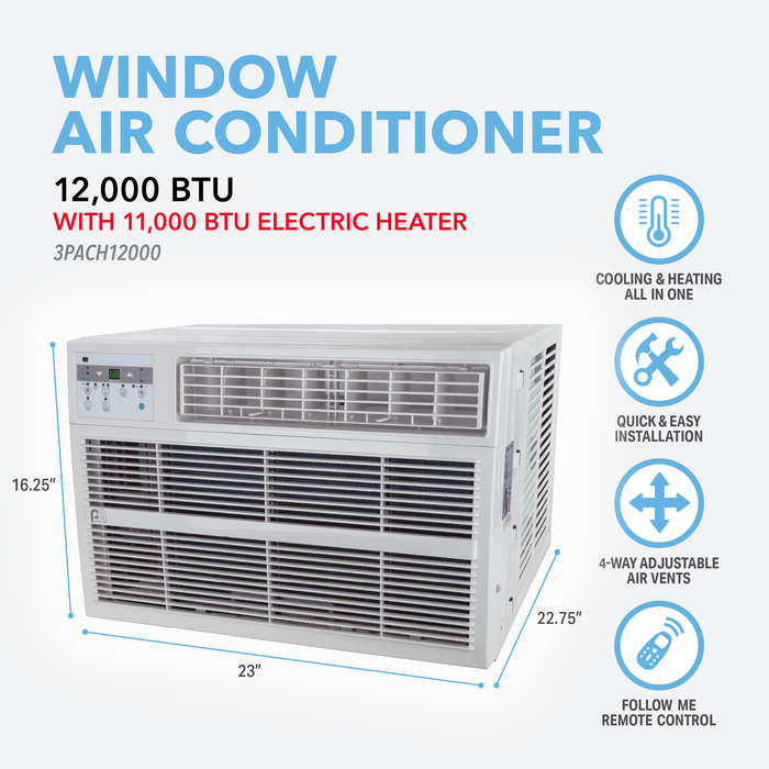 12,000 BTU 230V Cool/Heat Window Air Conditioner with 11,000 BTU Electric Heat, Follow-Me Remote Control