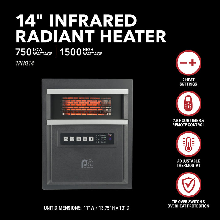 1500/750W 4-Tube Infrared 14" Heater with Remote and Eco-Mode, Black