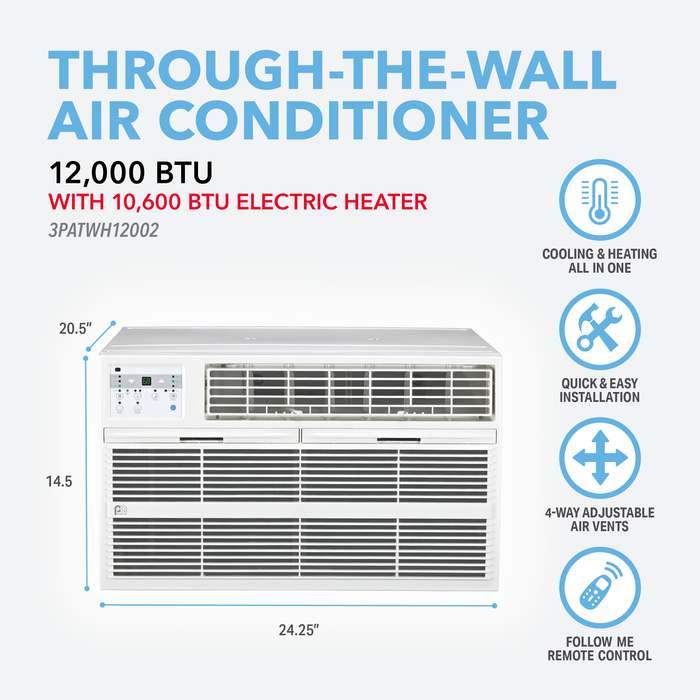 12,000 BTU 230V Through-the-Wall Air Conditioner with 10,600 BTU Electric Heater, Follow-Me Remote Control