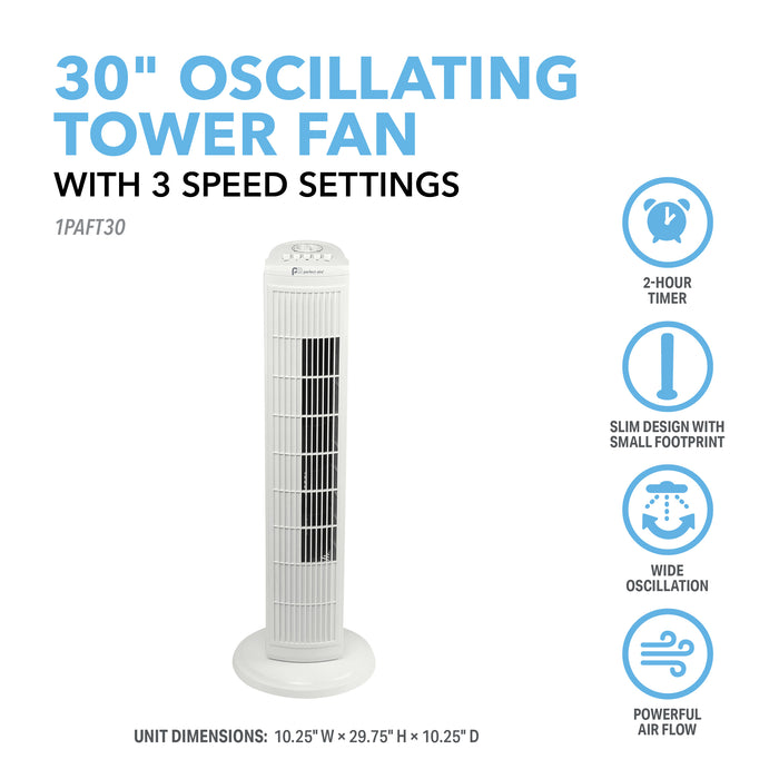 30" Tower Fan with Efficient Wide-Angle Oscillation, Timer, and Easy Push Button Controls