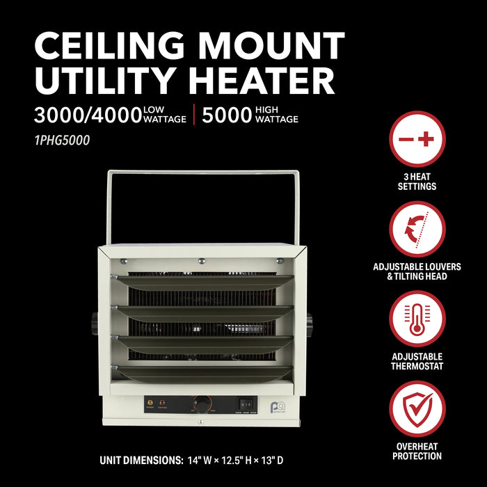 5000/4000/3000W 240V 14" Ceiling Mount Utility Heater for Garage or Workshop, Beige