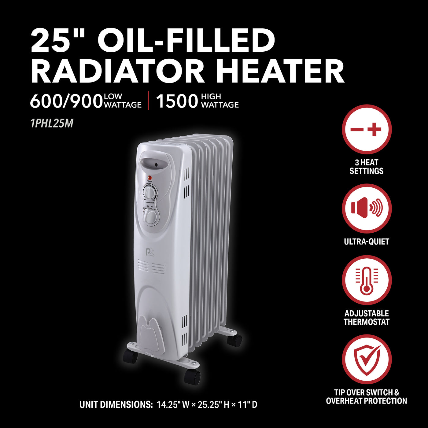 1500/900/600W 7Fin 25" OilFilled Radiator Heater, White — Perfect Aire