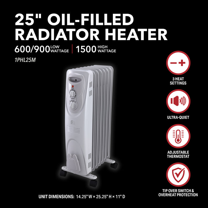1500/900/600W 7-Fin 25" Oil-Filled Radiator Heater, White