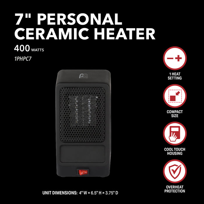 400W Compact Personal 7" Ceramic Heater, Black