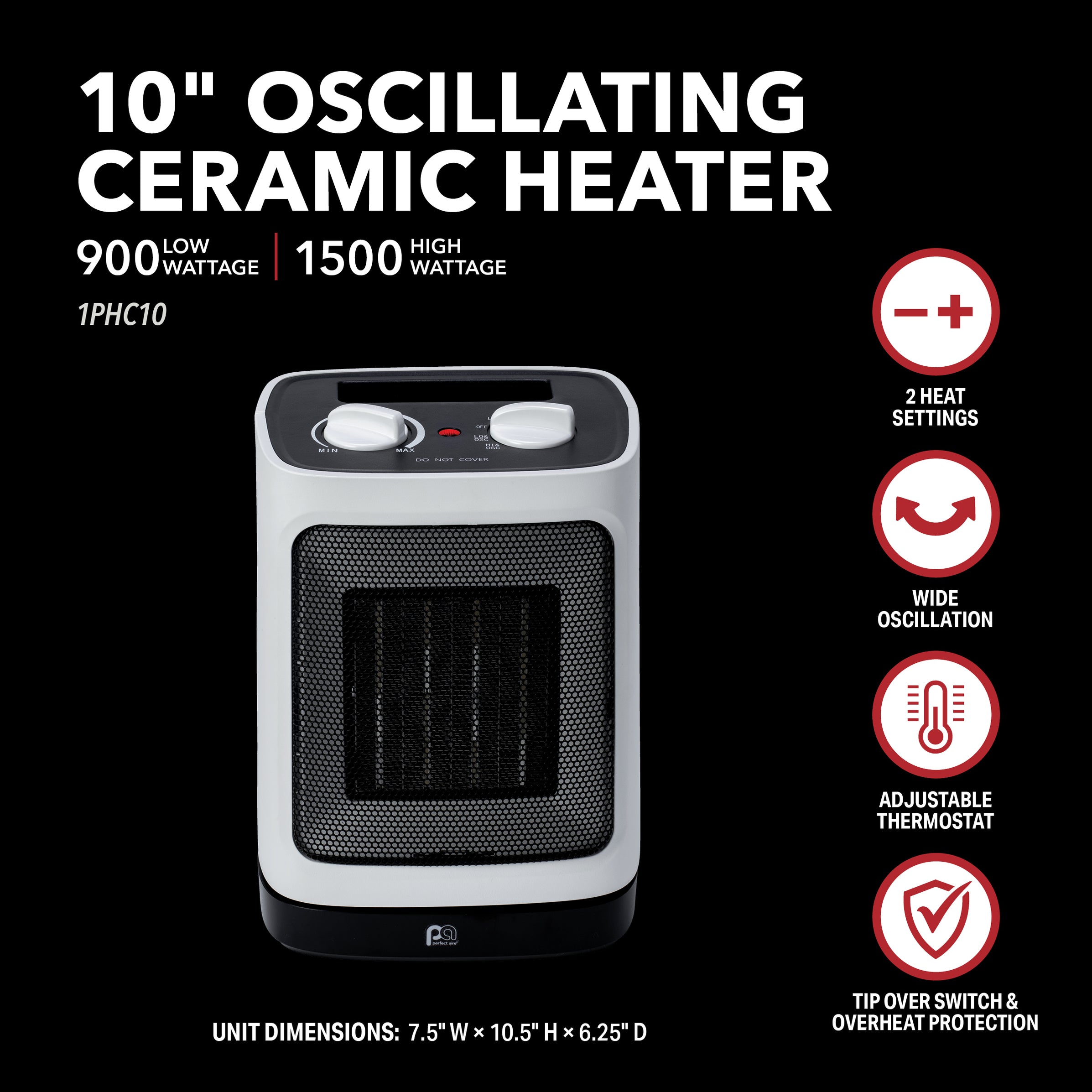 1500/900W Oscillating 10" Ceramic Heater, White — Perfect Aire