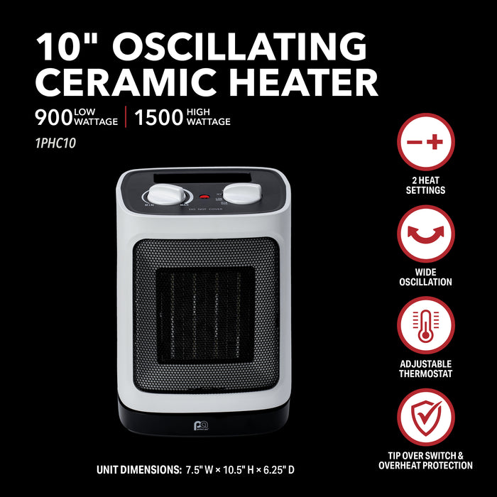 1500/900W Oscillating 10" Ceramic Heater, White